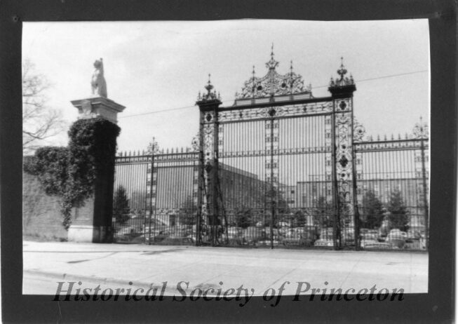 Original 1911 Ferris Thompson Gateway view at the front of Bowen Hall along Prospect Avenue at Princeton University, photo taken from the 1950s.